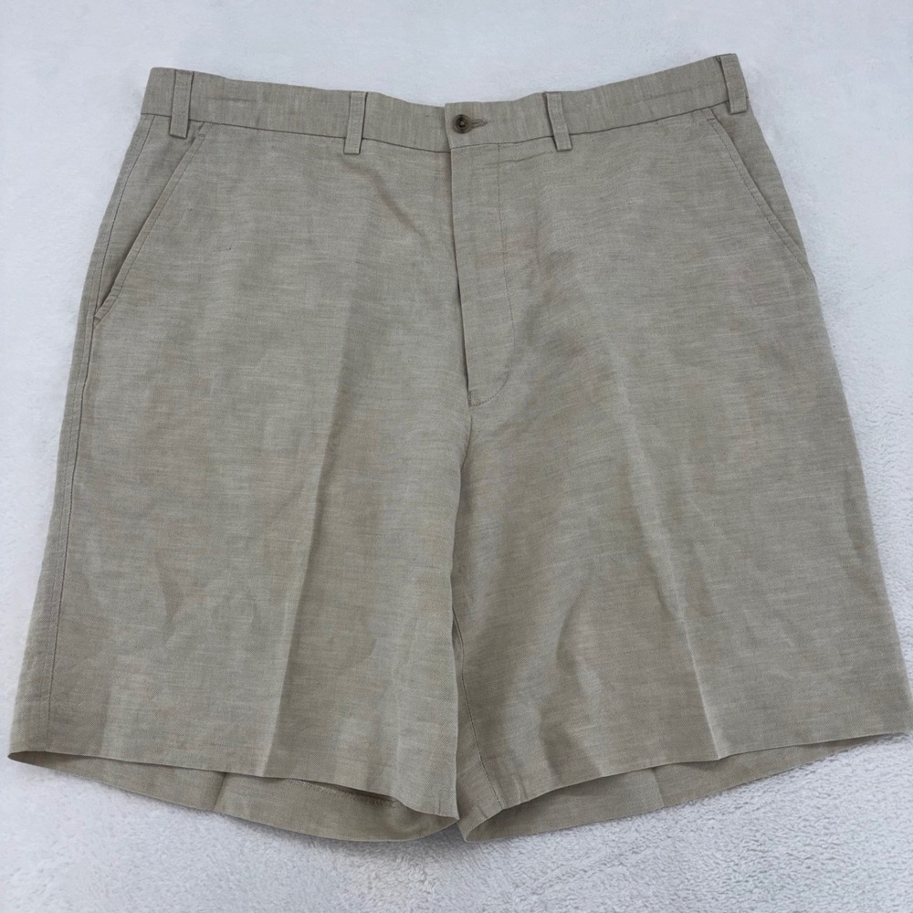 Turnbury Mens Beige Linen Cotton Blend European Fabric Pleated Shorts Size 38R